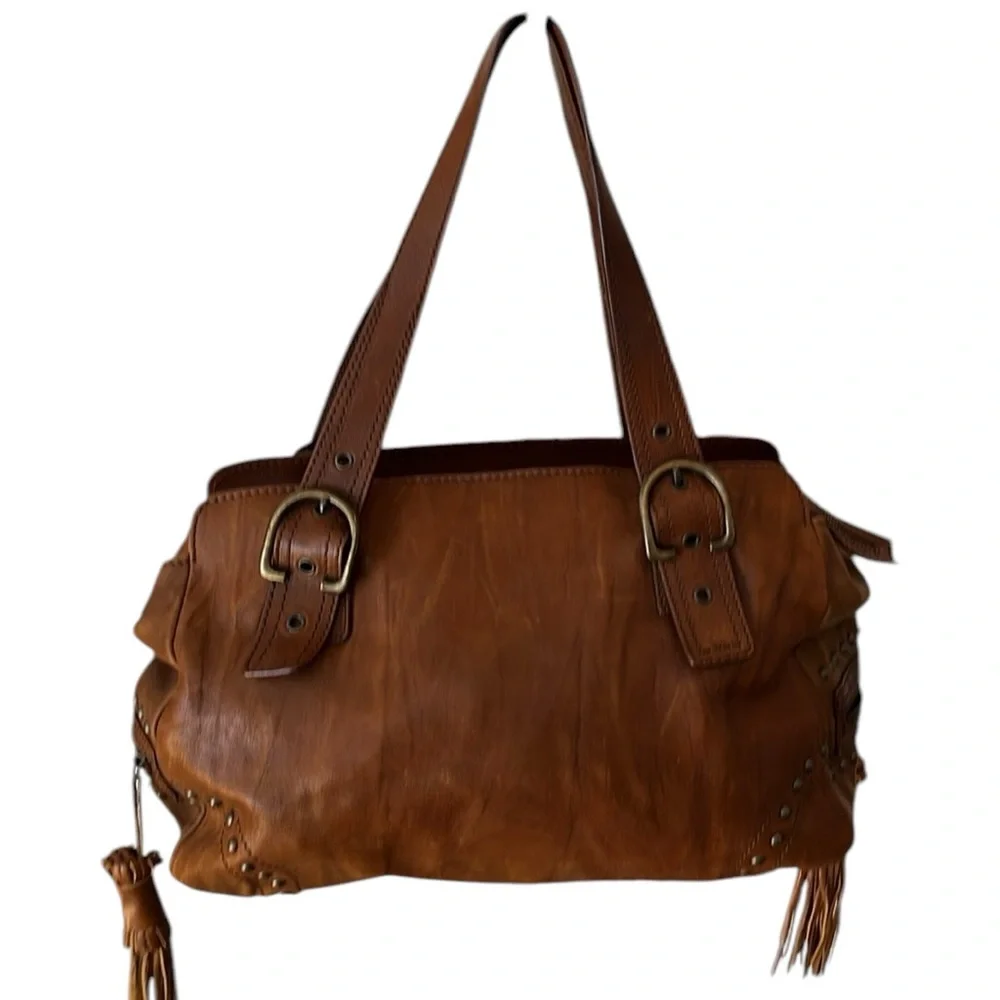 Capacciou large brown Leather bag side zip pockets 2 long leather tassels